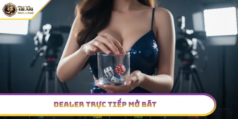Dealer đang lắc bát xúc xắc, giao diện live stream hiện trên màn hình
